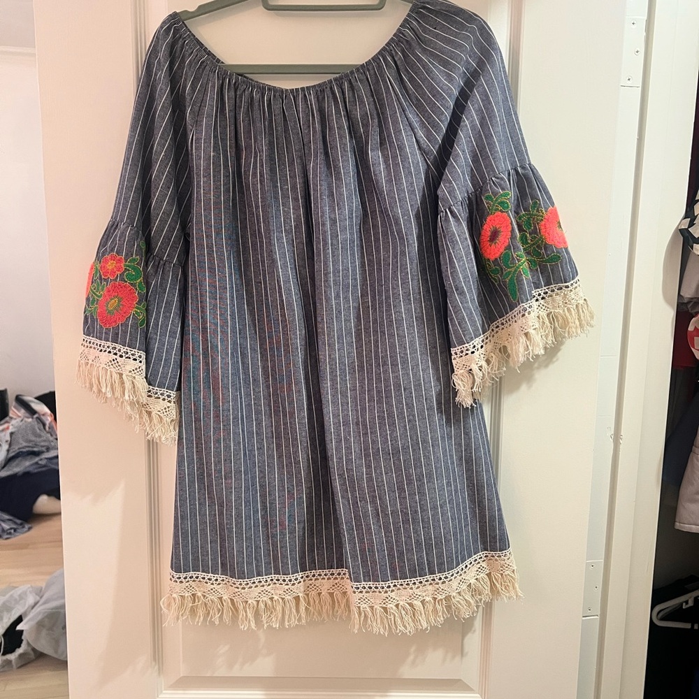 Striped Off-Shoulder Top with Floral Embroidery